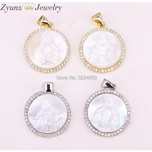 5PCS NEW shellfish Pendant Necklace Gold / Silver color caved Goddess, Cubic Zircon Mary Necklace Pendant