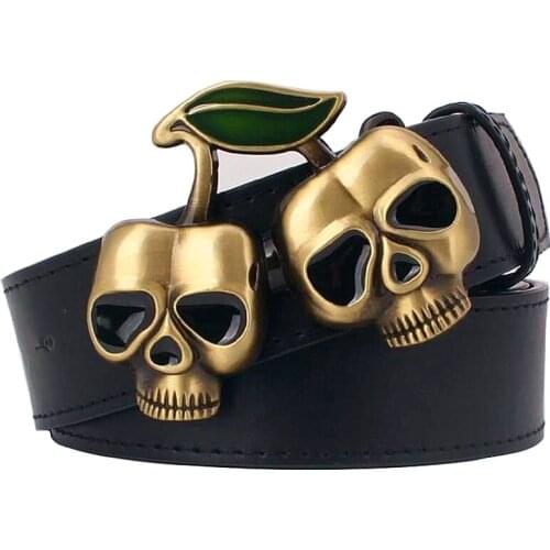 Personality golden skull buckle belt punk rock style mens Leather belt big head Hip-hop show decorative belt women strap