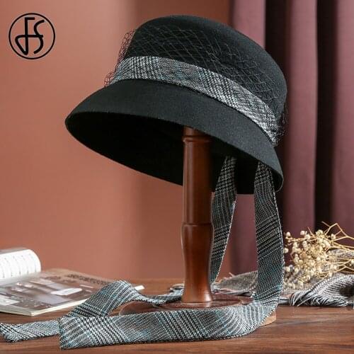 FS 2021 Dome Top Wool Felt Fedora Hats For Women Autumn Winter Warm Church Cloche Derby Hat Fedoras Bowler Cap With Veils Ribbon