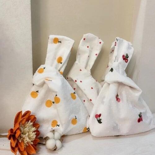 Embroidery Fruit Hand Bag Women Foldable Eco Grocery Totes Shopping Bag Female Handbag Pouch Key Phone Coin Purse