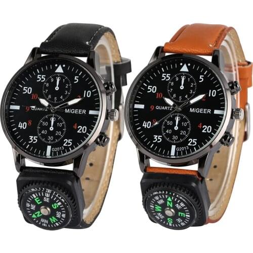 Womens Watch Analog Quartz Watch for Men Black Dial with Luminous Pointers Compass Accessory Wristwatch Leather Strap