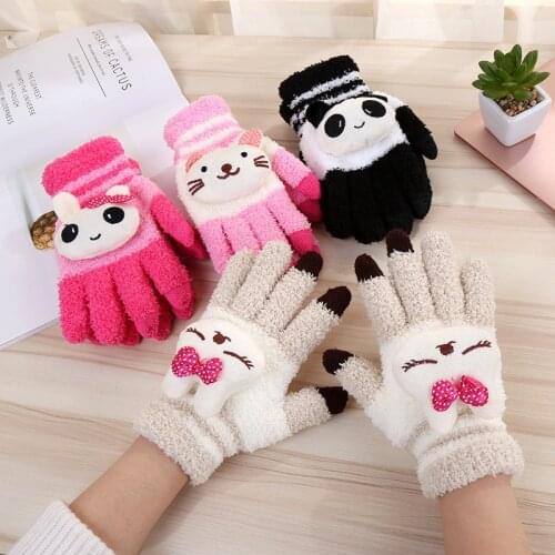 Female Winter Warm Cute Cartoon Panda Cat Rabbit Knit Gloves Girl Women Fashion Coral Fleece Full Finger Mittens Gloves A68