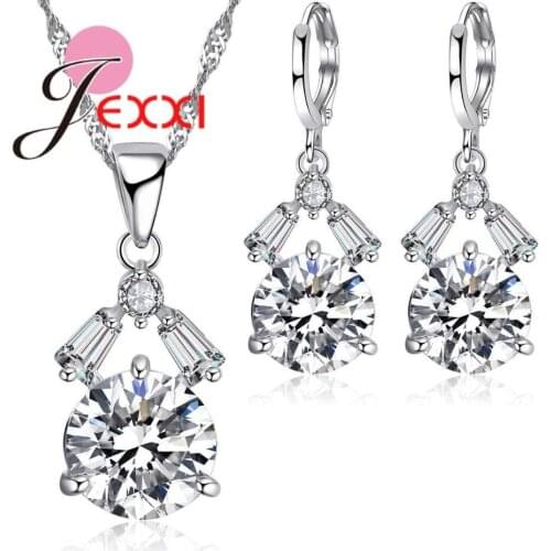 Shiny Clear Cubic Zirconia Jewelry Sets Luxury Round Crystal Necklace Earrings Sets for Women 925 Sterling Silver Bijoux