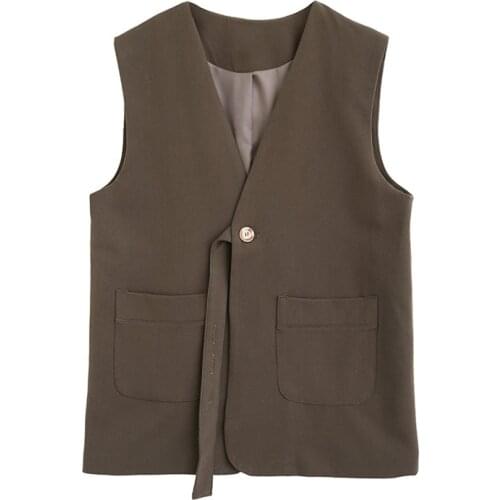 VSUE Women Vest Solid Black Brown Beige V Neck Pockeet Sash Chic Elegant Belt C0486