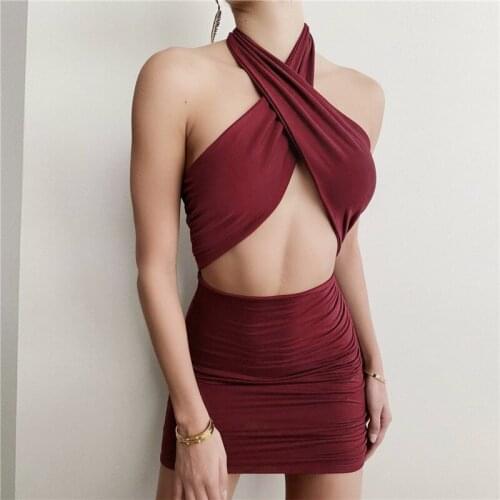 Women Skinny Summer Dress Cross Halter Sexy Cut Out Folds Bodycon Dress платье летнее robe femme été vestidos mujer verano 2021