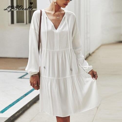 LZEQuella Autumn Winter Solid Color White Dress Women 2021 New Casual Lace Up V Neck Full Sleeve Loose Shirt Dresses