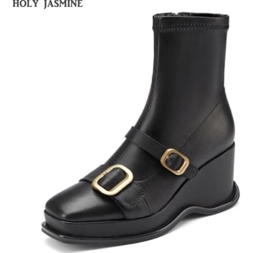 Autumn Fashion Buckle Side Zipper Muffin Bottom Slope Heel Elastic Boots Womens Short Boots Thick Bottom Middle Tube Thin Boots