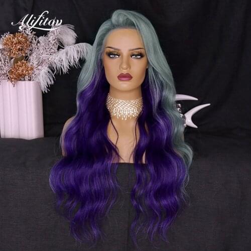 ALIFITOV Ombre Blue Green Purple Human Hair Wigs Body Wave Lace Front Wigs Remy Hair Pre-plucked Wigs