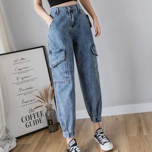 England Preppy Style Harem Pants Jeans Women Pockets Casual Baggy Cargo Pants Girls' 90s High Waist Streetwear Denim Pants