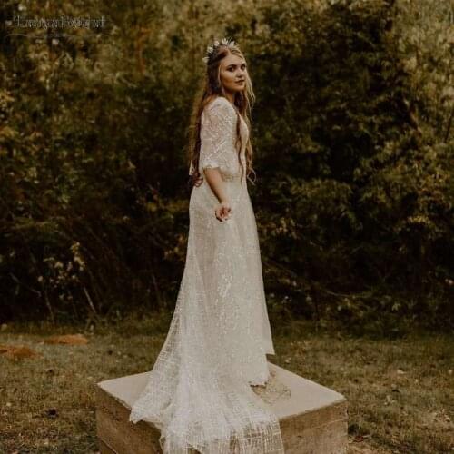 Short sleeve Sparkly Wedding Dresses A Line boho Bridal Gowns Vestido de noivas Chic DW265