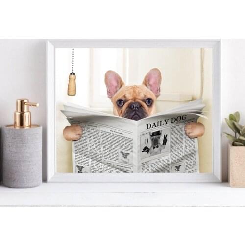 French Bulldog Dog Sitting on Toilet and Reading Magazine Canvas Art Poster Print Funny Art Painting Picture Bathroom Wall Decor