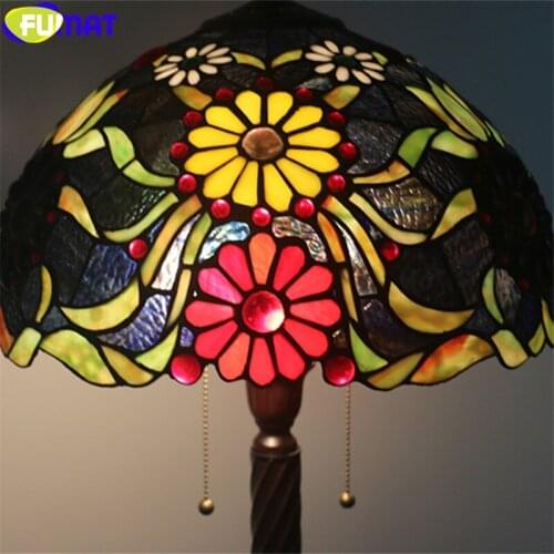 FUMAT Tiffany Floor Lamp Gemstone Yellow Red Chrysanthemum Stained Glass Lampshade Multe Color Light European Retro Style Alloy