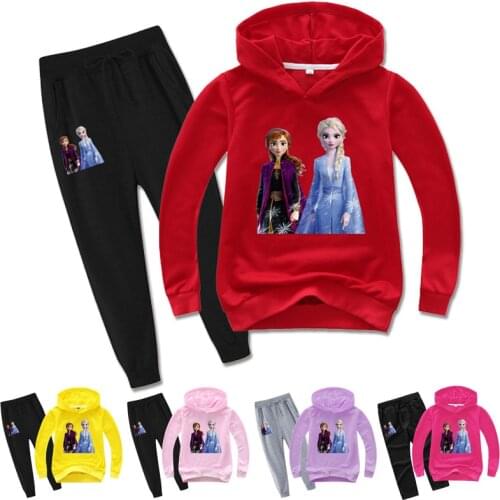 Spring Autumn Cartoon Frozen Anna Elsa Long Sleeve Tshirt Sweatshirt+Pants 2 PCS Set Baby Girls Clothing Hoodies Tracksuit Suits