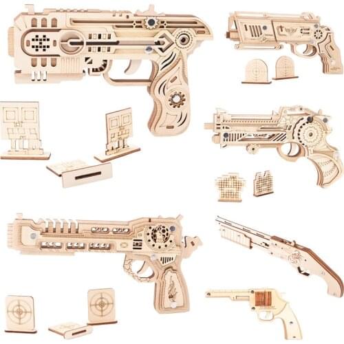 Laser Cutting DIY 3D Wooden Puzzle Woodcraft Assembly Kit Hunting wolf Eagle Train Dragon Rubber Band Gun For Boy Christmas Gift
