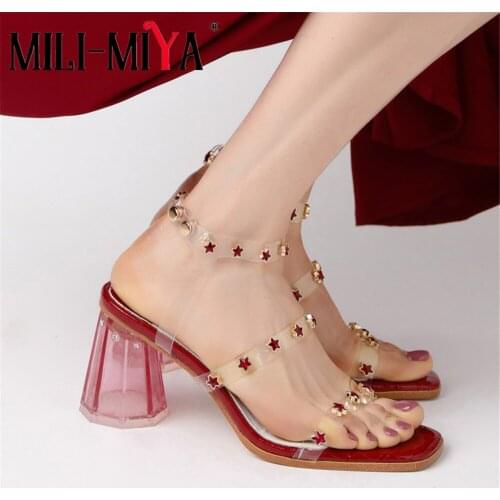 MILI-MIYA Sexy Punk Special Shaped High Heels Summer Sandals Hot Sale Rome shoes Fish Mouth Crystal Rivets Studded Party Shoes