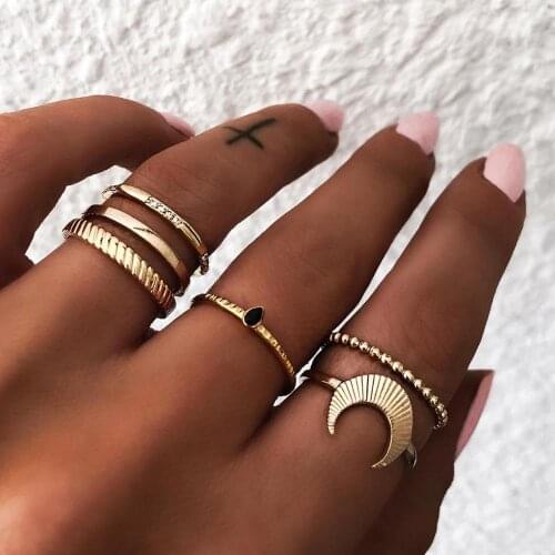 Diamond streaked fine-grain moon drop-shaped fashion knuckle ring set six-piece set of six one-piece ring