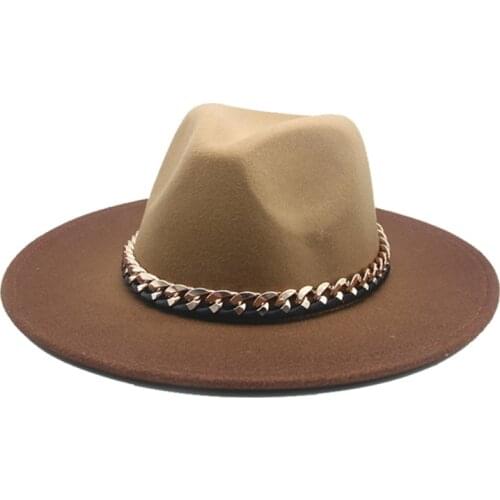 Felted hats wide birm gradient color with chain band belt luxury brand winter hats men women gentlemen vintage jazz women hats