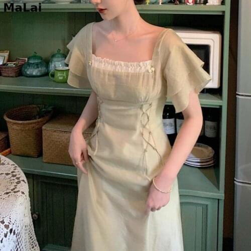 Elegant Dresses Summer 2021 For Female Solid Lace Chiffon Square Collar Dress Evening Party Beach Vintage Women Fairy Dresses