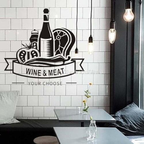 Restaurant Decor Wine & Meat Vinyl Wall Decal Kitchen Dining Room Sticker Bar Drink Art Sticker Customized Year