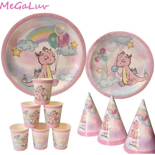 Pink Dinosaur Party Disposable Tableware Paper Plates Cups Girls Birthday Party Supplies Favor Roar Dino Party Decor Popcorn Box