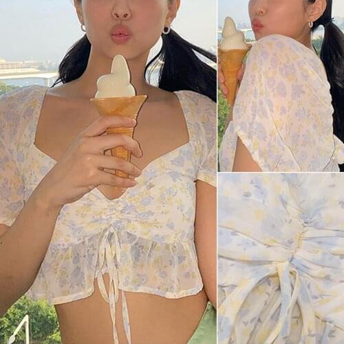 Short Puff Sleeve Floral V-Neck Ruched Patchwork Cute Crop Tops Women T-Shirt Streetwear