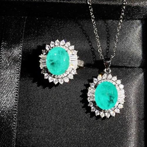 Vintage Jewelry Luxury Paraiba Tourmaline Flower Pendant Necklace Rings For Women Wedding Engagement Dainty Mothers Day Gifts