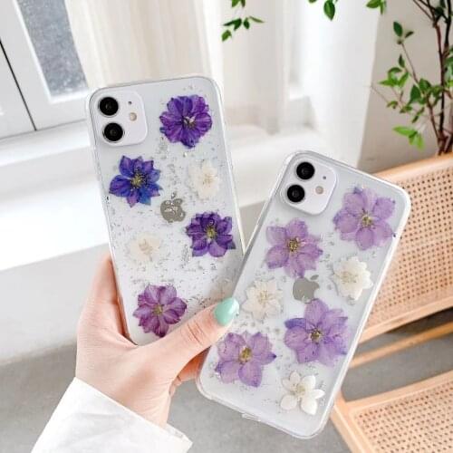 Vintage Purple Real Flower Phone Case for iPhone 11 Pro X XR Xs Max 8 7plus Soft Shell Silicone Fashion Silver Foil Floral Case