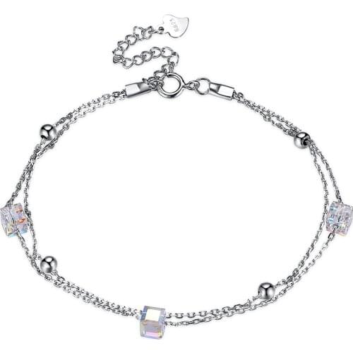 ZEMIOR Womens Bracelets 925 Sterling Silver Geometric Square Austria Crystal Adjustable Charm Bracelets Female Fine Jewelry