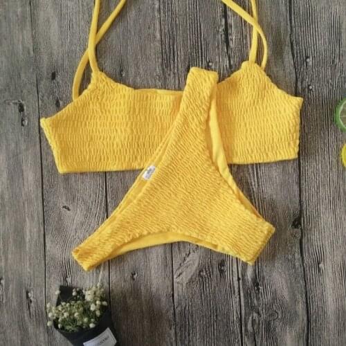 Yellow Ruffles Crochet Sexy Bikini Set Women Push-up Padded Bra Biquini Swimsuit Triangle Swimwear Bathing Suit Mujer