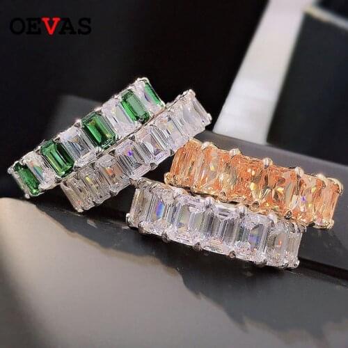 OEVAS 925 Sterling Silver Finger Rings For Women Emerald Square Circle Drill Pattern Cutting Ring Colorful Zircon Party Jewelry
