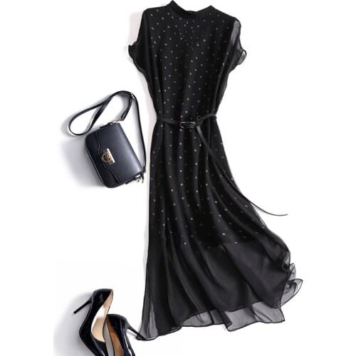 Woman Dress Summer 2021 100% Silk Maxi Dress Female Korean Elegant Dresses for Women Casual Polka-dot Vestido De Mujer Pph4784