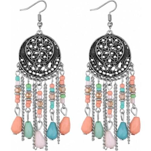 TONGKWOK Bohemia Exaggeration Dangle Earrings For Women Silk Thread Tassel Feather Long Chandelier Earrings #131324