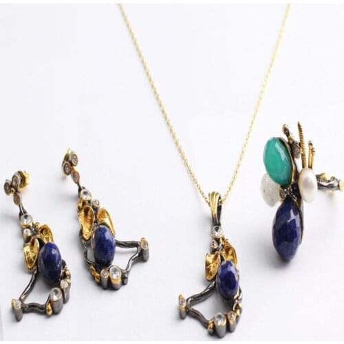 Woman Handmade Oval Lapis Lazuli and Green White Zircon Pearl 925 Silver Jewelry Set,Lapis Lazuli Necklace, Lapis Lazuli Earring