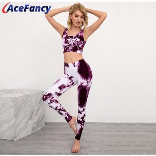 Acefancy Women Yoga Suit 2836 Tie Dye Print Bra + Elastic Sport Leggings Woman Fitness Set 2 Piece Outfits For Women Yoga Set
