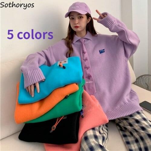 Women Pullover Sweaters Turn-down Collar Patch Design Cool Japan Style Chic Fashion Streetwear Harajuku All-match Oversize Teens
