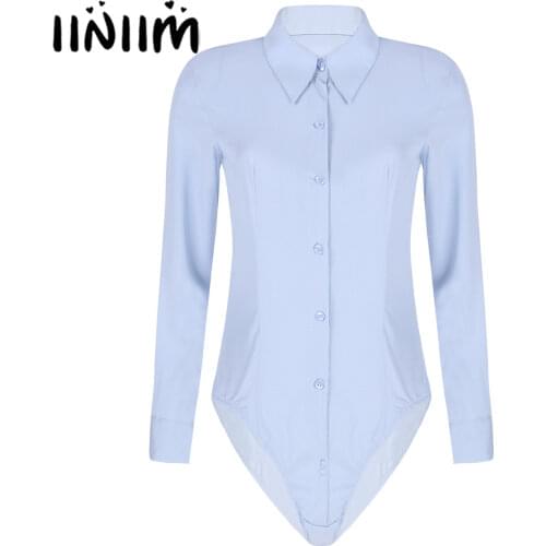 Women Bodysuit for Office Lady Turn-down Collar Long Sleeve Button Down Easy Care Work Bodysuit Shirt for Evening Cocktail Party