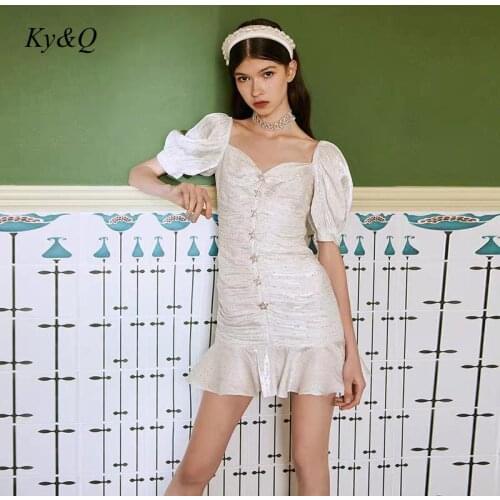 Runway Luxury Summer Women Fashion White Lantern Sleeve Mini Dress Dot Print Button Sexy Ruffle Bodycon Dresses 2020 Clothes