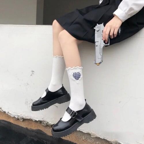 1 pair Fashion cute lolita fungus lace solid color love calf long tube socks heart-shaped college style socks