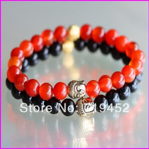 10pcs Black and Red Beaded Gold Buddha Stretch Bracelet Black Onyx, Red Dragon Veins Stone Semi Precious Stone