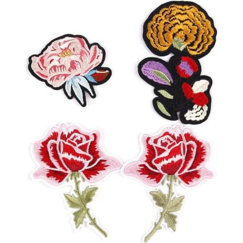 10pcs/lot Gold Pink Red Rose Flower Embroidery Patches Applique Iron Heat Transfers Decoration Clothes Dress Sewing Accessories