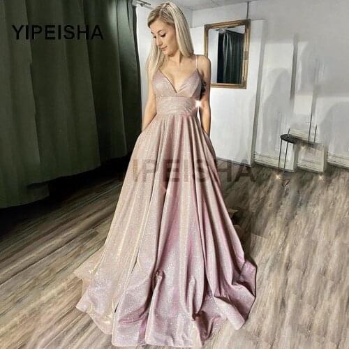 Glittery V-Neck Sleeveless A-Line Evening Dress Spaghetti Strap Backless Prom Party Gown robe de soirée de mariage فساتين السهرة