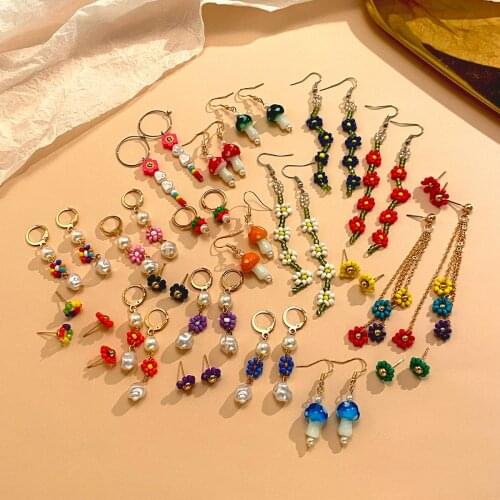 Bohemia Colorful Flower/Mushroom Drop Earrings for Women Cute Long Pearl Small Earrings 2021 Girls Mini Earrings Handing Jewelry