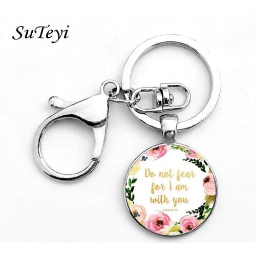 SUTEYI Classic Psalm Quote Key Chain Bible Verse Jewelry Fashion Glass Dome Flower Letter Christian Jesus God With US KeyChain