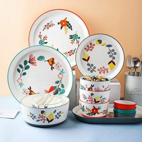 Floral Design Ceramic Dinnerware Chinese Cuisine Rice Bowl Soup Ramen Bowl Dessert Saucer Pasta Steak Plate Dinner Dishes