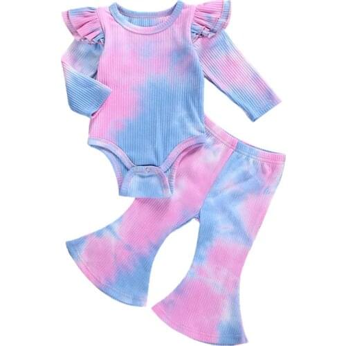 4 Colors Spring Autumn Baby Girls Clothing Sets Toddler Newborn Infant Girl Ribbed Knitted Tie Dye Print Romper+Flare Long Pants