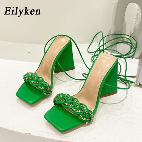 Eilyken Summer Fashion Strange Heel Weave Metal Chain Women Sandals Square Toe Open Toe Ankle Strap Ladies Wedding Party Shoes