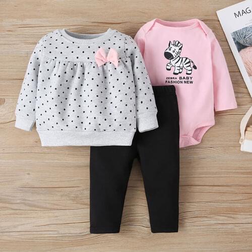 Baby Girl Clothes Set Long Sleeve Dot Sweatshirt+Cartoon Zebra Romper+Pant Fashion 2021 Spring Costume Toddler Boy Outifts 6-24M