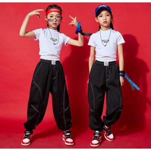 Girls' Jazz Dancing Performance Costume Hip Hop Clothing White Tops Casual Jogger Black Pants For Kids Street Stage Wear BL6309