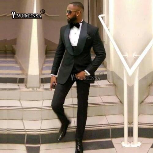 Traje De Hombre Black Slim Fit Men Suits for Fromal Wedding Groom Tuxedos Shawl Lapel Blazer 3 Pieces Jacket With Pants Smoking