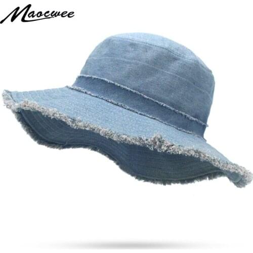 Girls Wide-brimmed Cowboy Hat Casual Flat top Women Men Fishermans Hat Solid Denim Fisherman Bucket Cap Navy Blue Fishing Hats